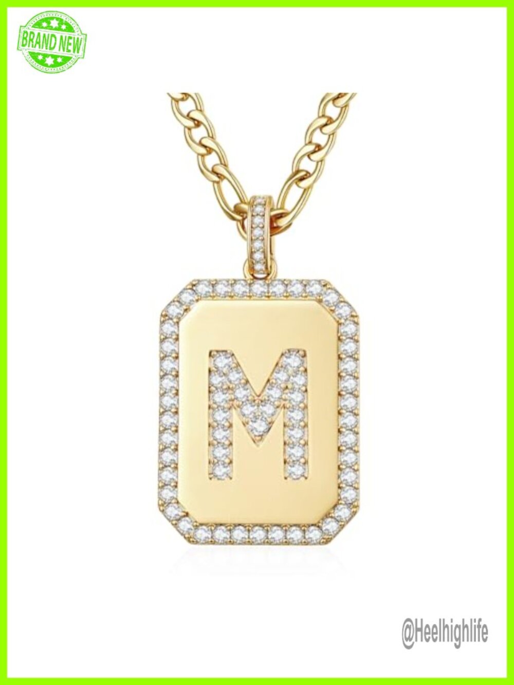 14K Gold Plated Initial Necklace Cubic Zirconia Figaro Pendant